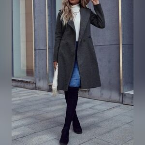 New Chic Notched Lapel Double Breasted Midi Jacket Coat Dark Gray Black